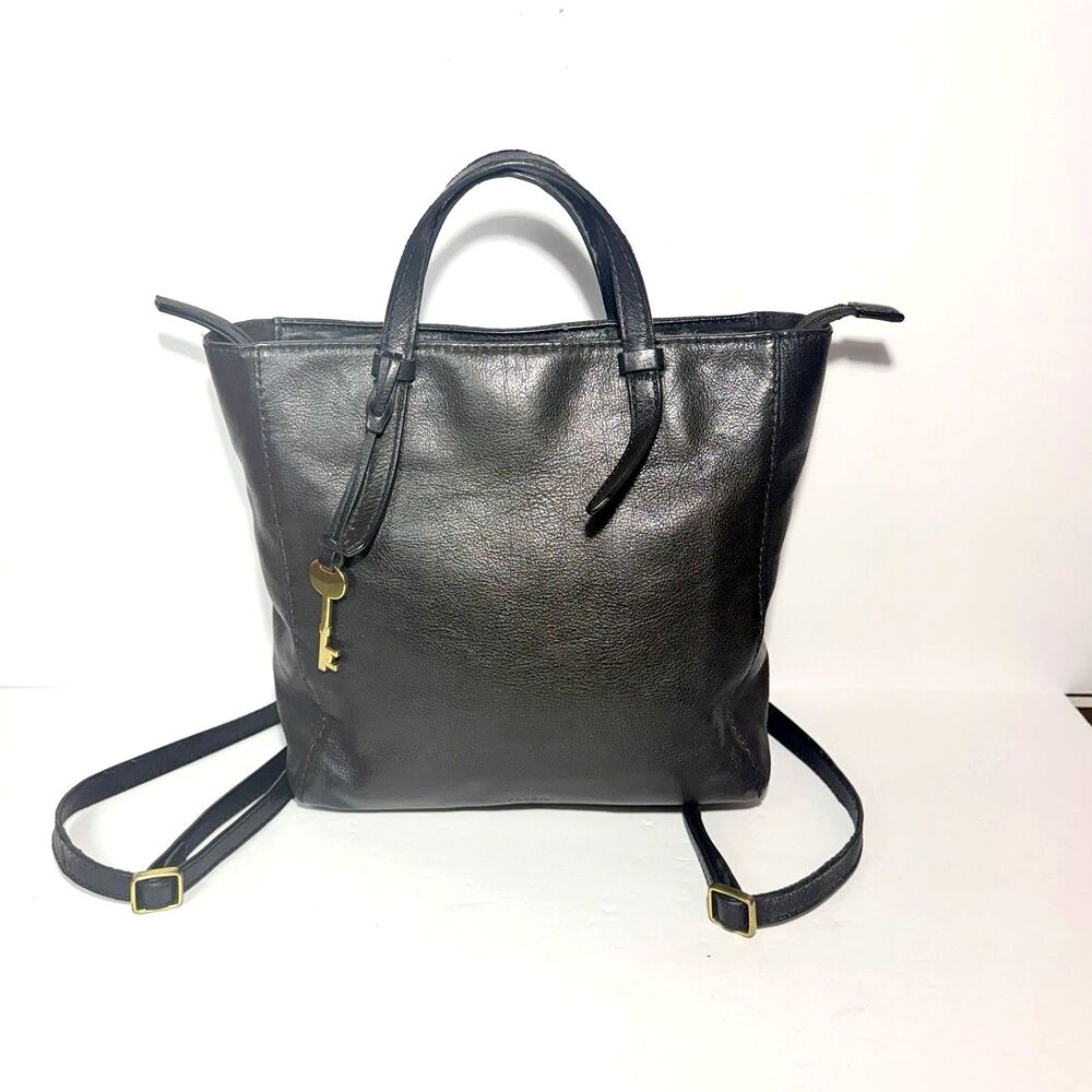 Fossil Camila Convertible Backpack Black Pebbled Leather Tote Bag Key Charm